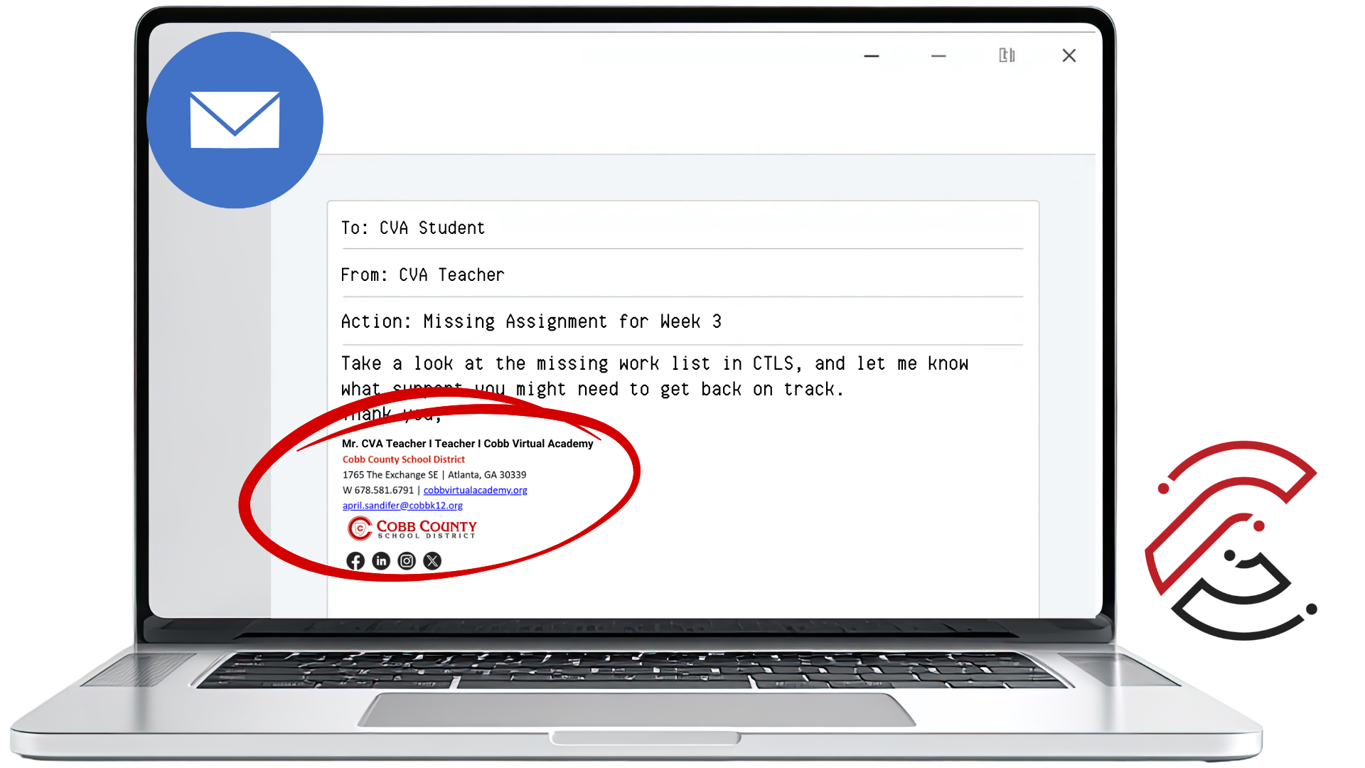 Screenshot of an email message showing a completed CCSD and Cobb Virtual Academy email signature highlighted near the bottom of the message.
