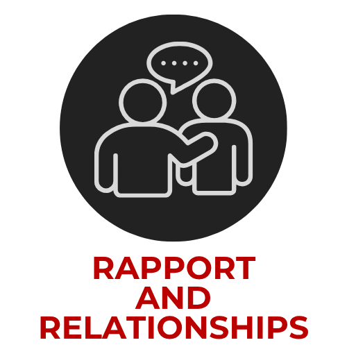 Rapport and Relationships icon showing two people with a speech bubble indicating connection