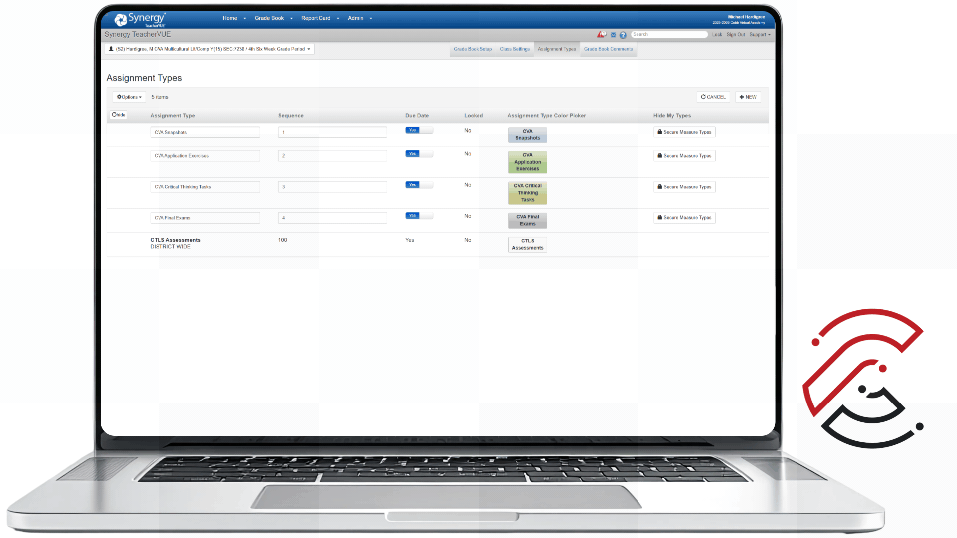 Animated Synergy Assignment Types screen showing editable assignment type rows and the Save option after changes are made.