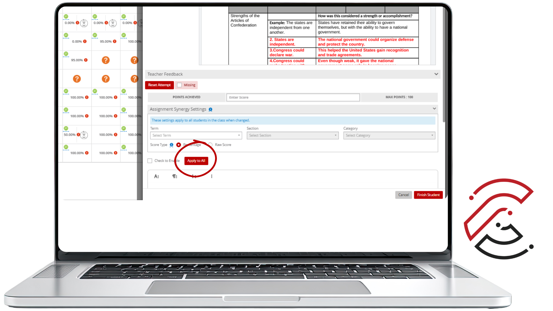 CTLS grading screen with a red circle highlighting the Apply to All button in Assignment Synergy Settings.