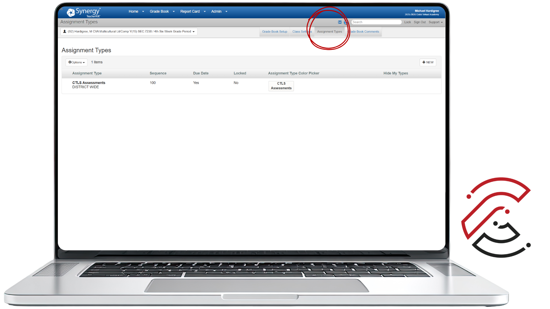 Synergy Assignment Types screen showing the existing assignment type list for a selected CVA course.