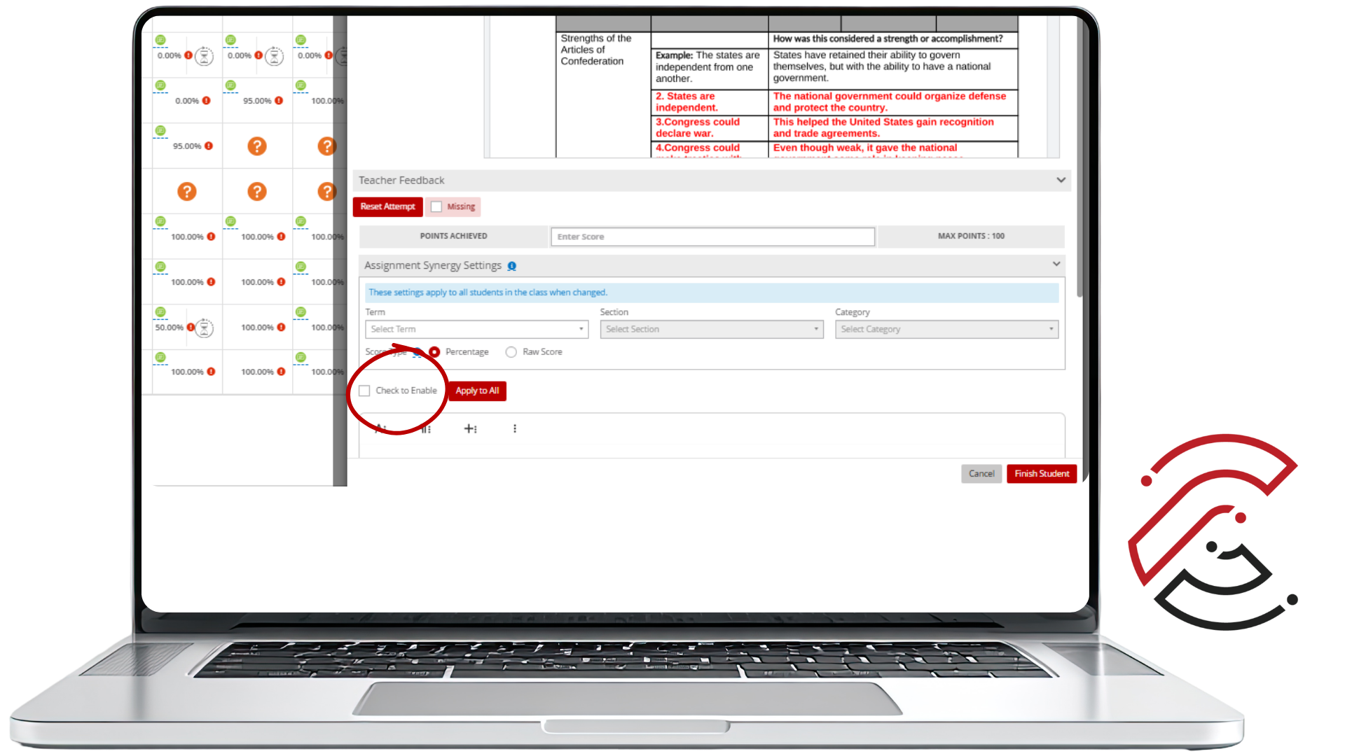 CTLS grading screen with a red circle highlighting the Check to Enable checkbox in Assignment Synergy Settings.