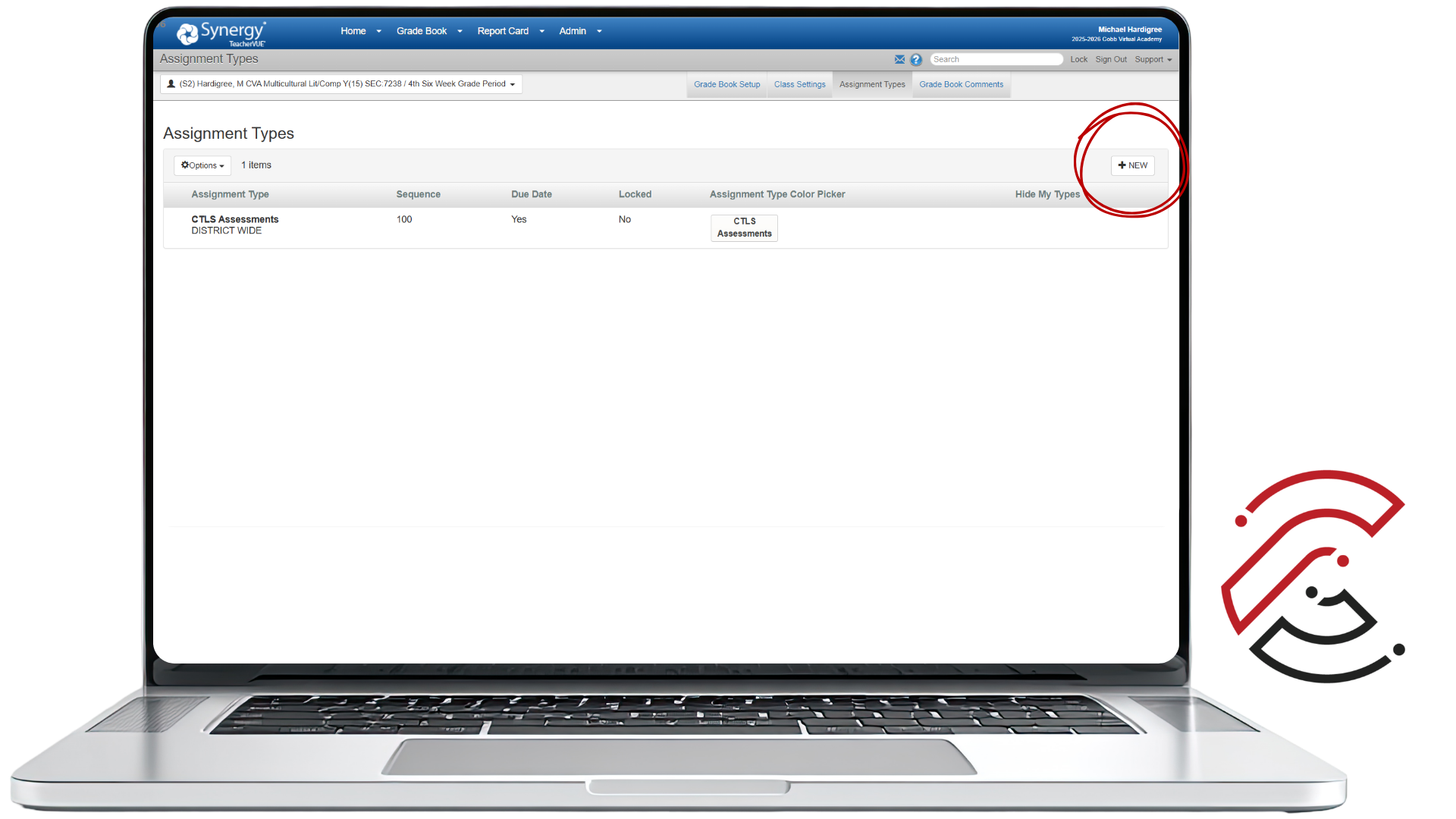 Synergy Assignment Types screen with a red circle highlighting the New button in the upper-right corner.