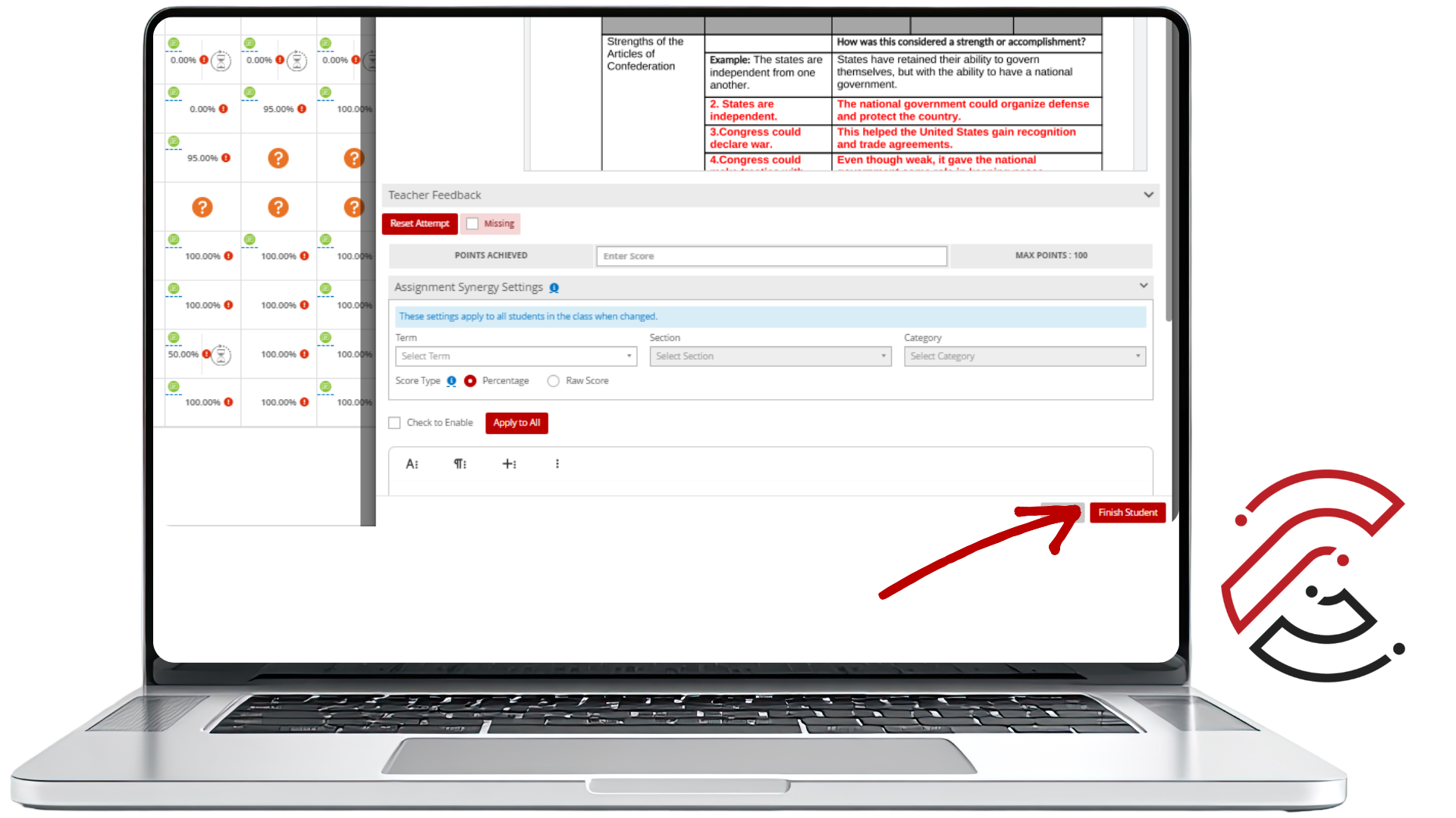 CTLS grading screen with a red arrow pointing to the Finish Student button in the lower-right corner.