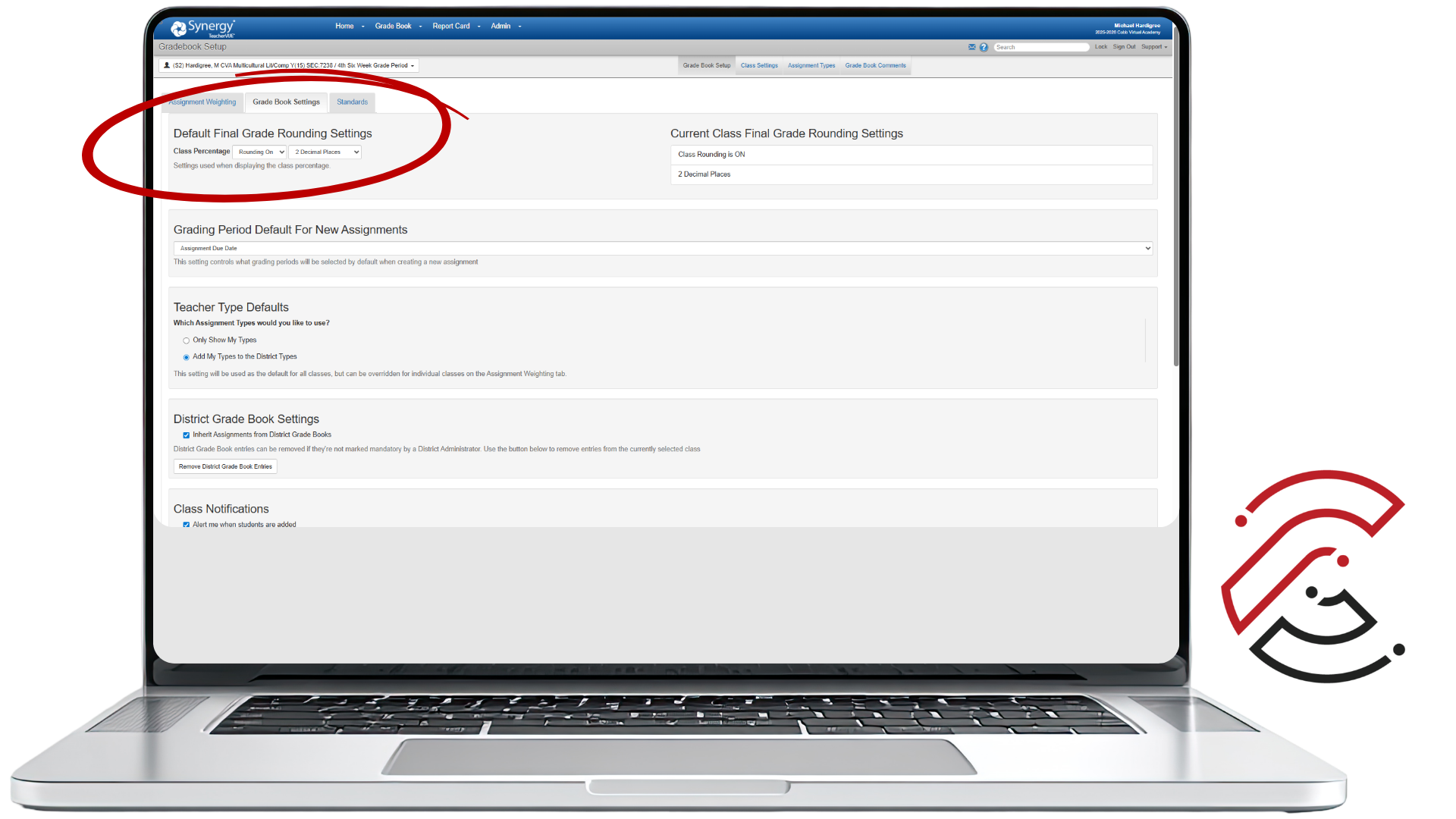 Synergy Gradebook Settings screen with a red circle highlighting the Default Final Grade Rounding Settings section.