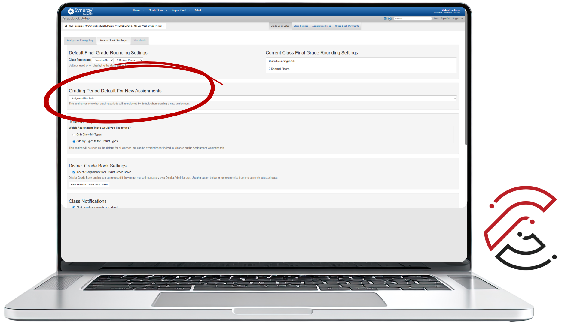 Synergy Gradebook Settings screen with a red circle highlighting the Grading Period Default For New Assignments section.