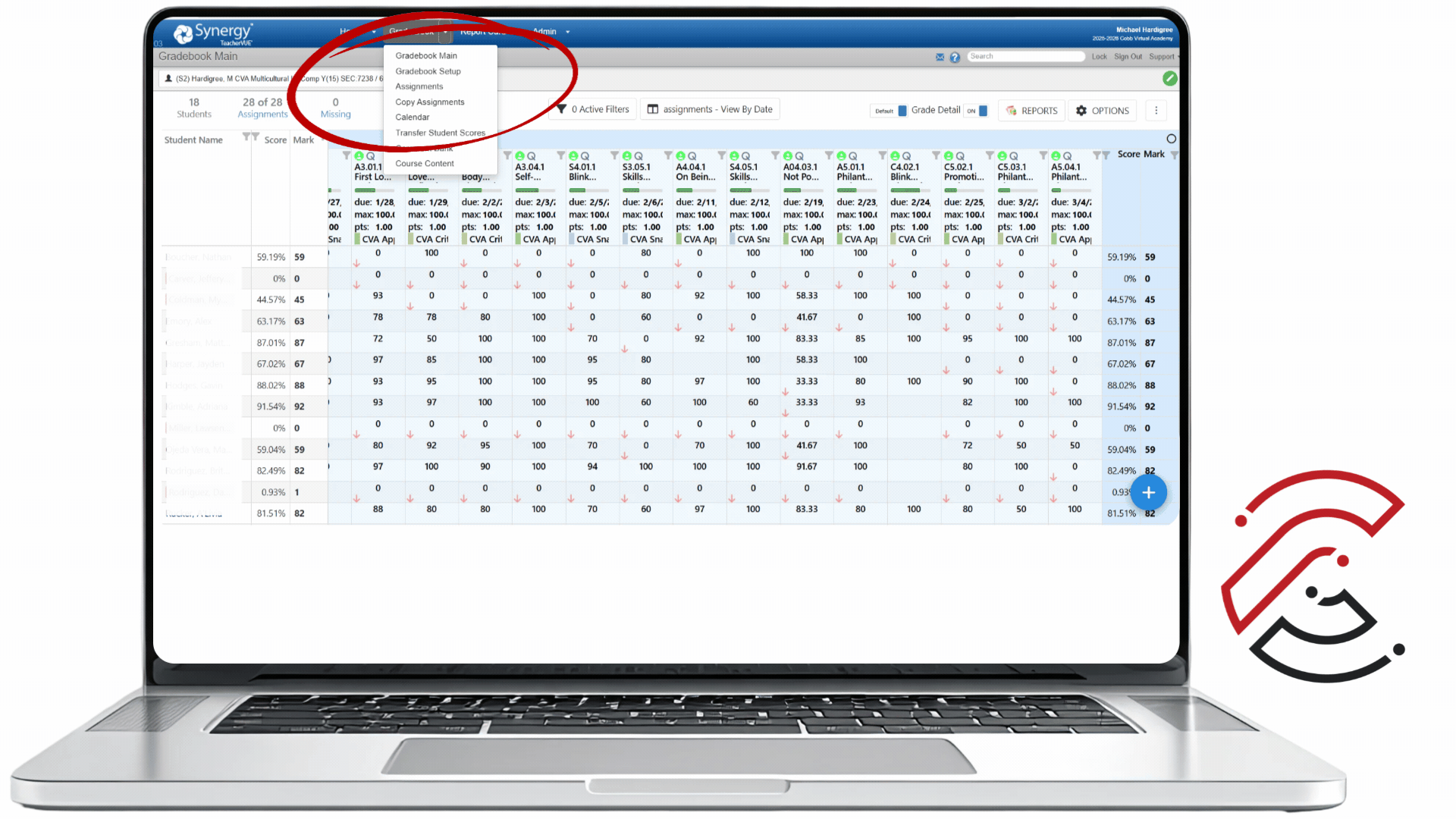 Animated Synergy Gradebook screen showing how to open the Gradebook menu, select Assignments, open the Grading Periods tab, check All for the 6th Six Week Grade Period, and save the grading periods.