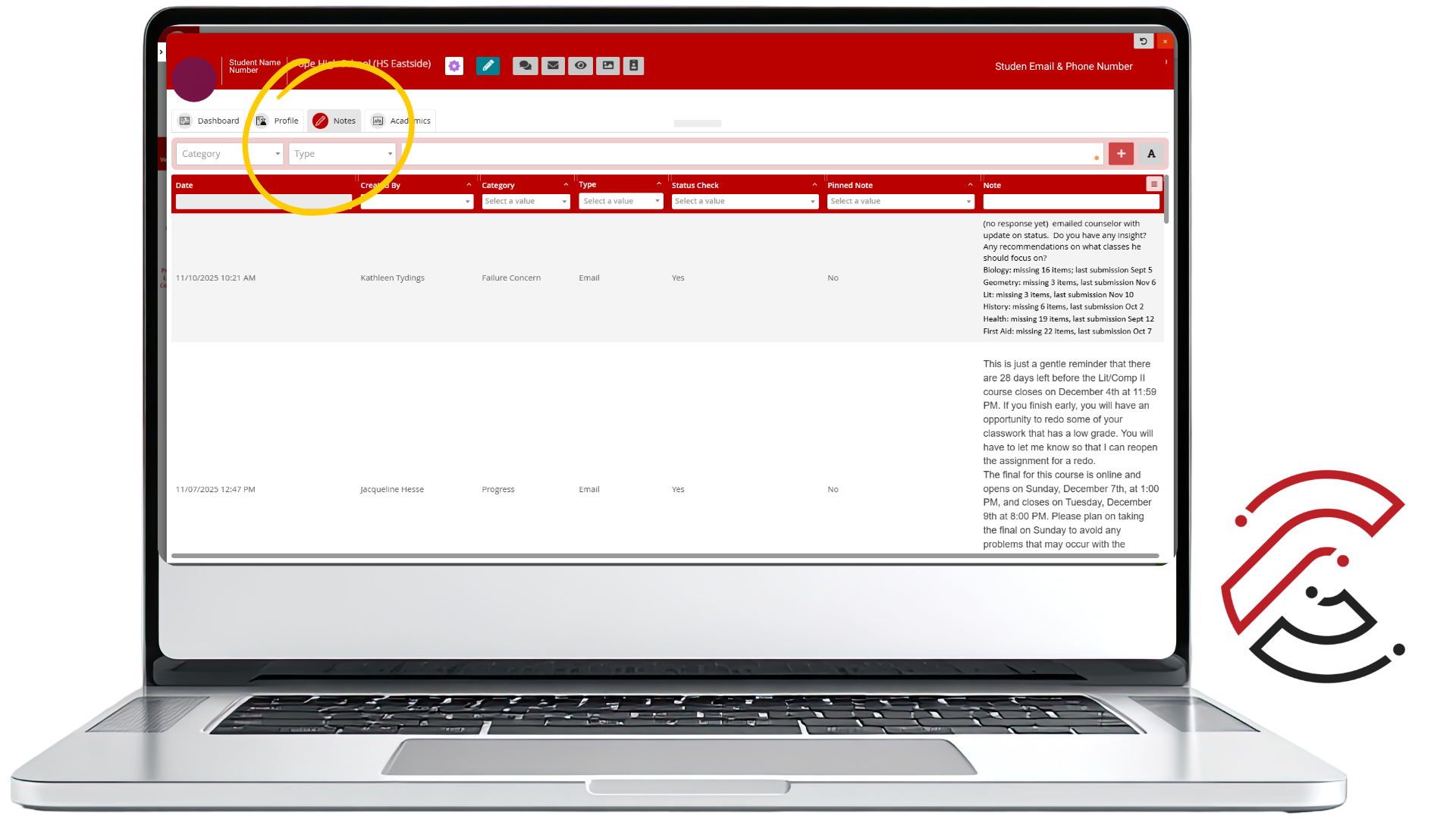 CTLS student information screen with a yellow circle highlighting the Notes tab and note filters near the top of the student profile.