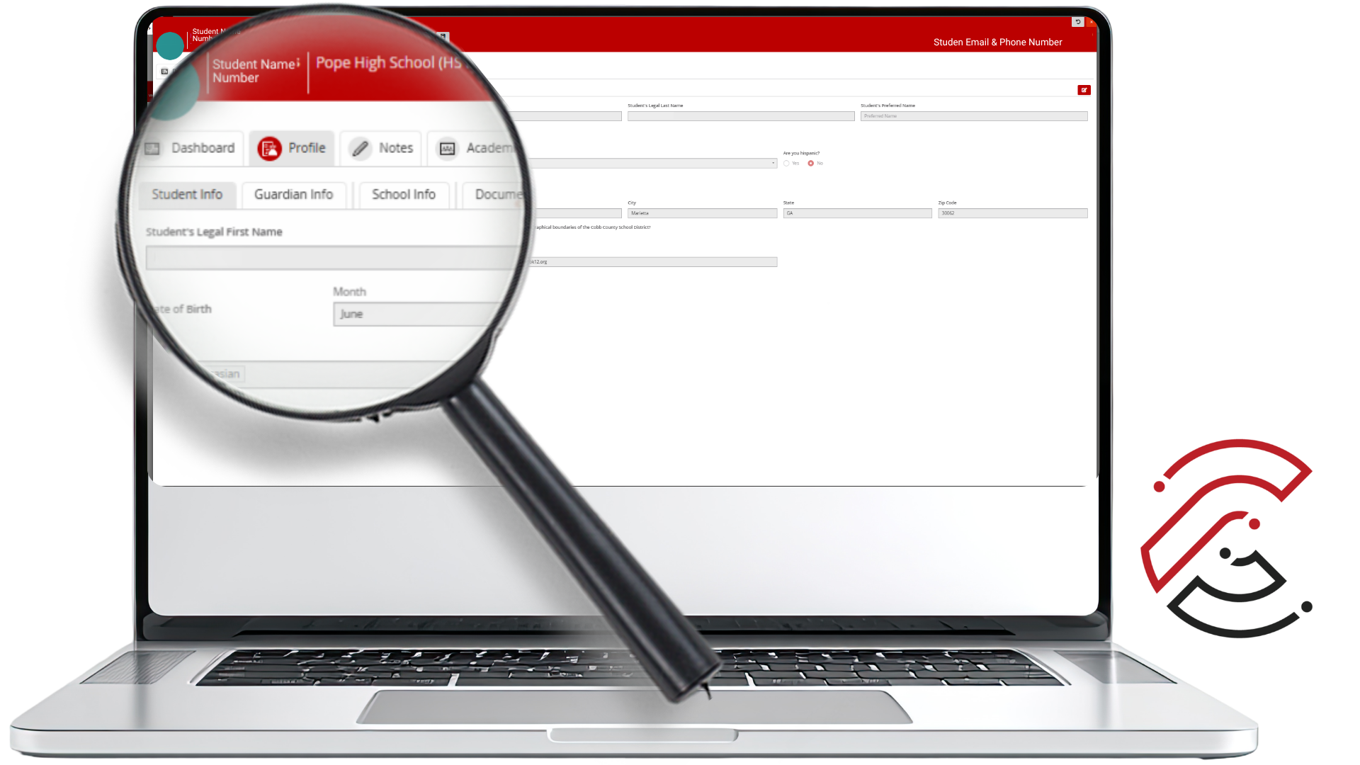 CTLS student profile screen with a magnifying glass highlighting the Profile tab and student information tabs.