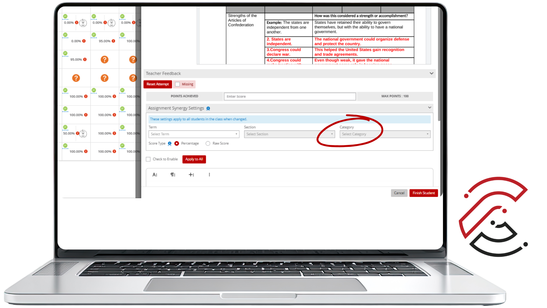 CTLS grading screen with a red circle highlighting the Category dropdown in Assignment Synergy Settings.