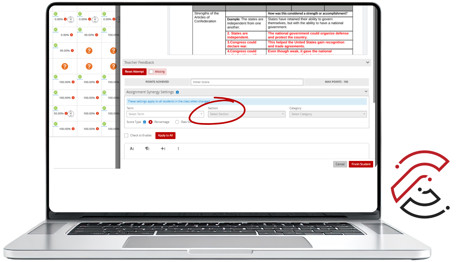 CTLS grading screen with a red circle highlighting the Section dropdown in Assignment Synergy Settings.