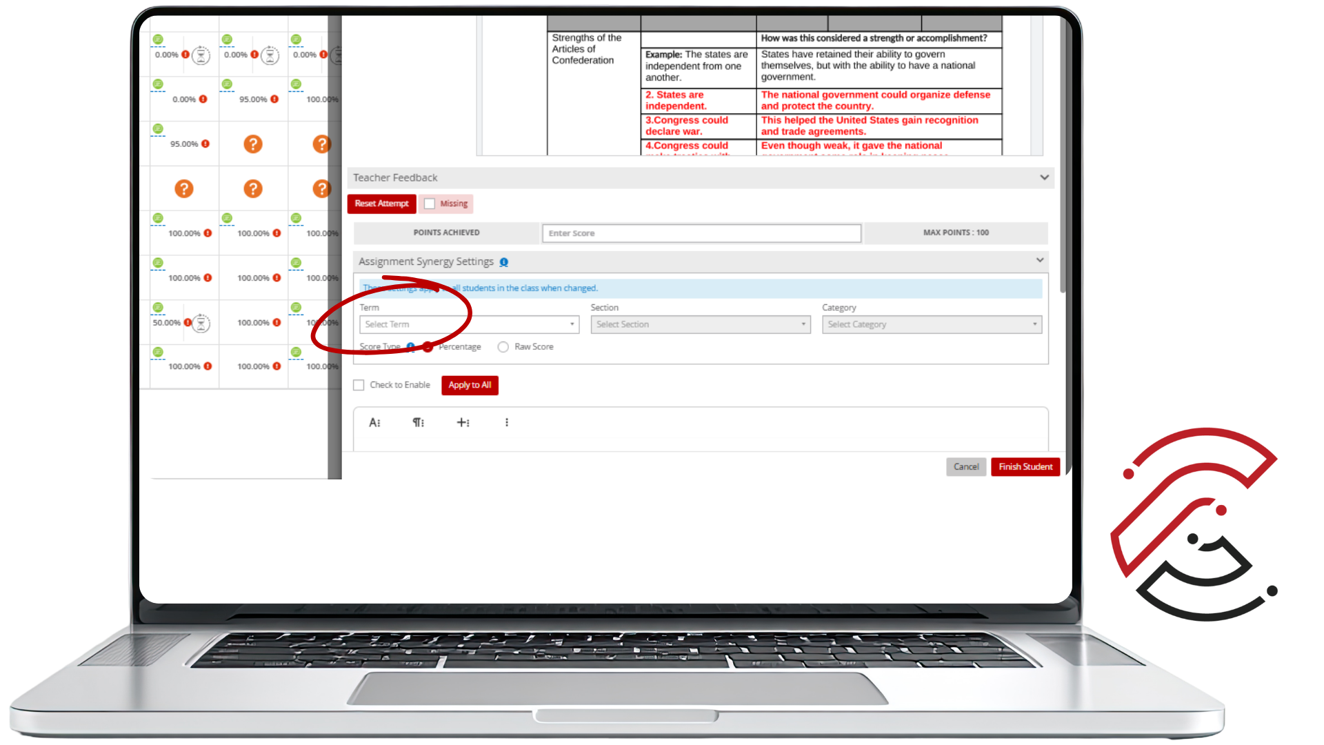 CTLS grading screen with a red circle highlighting the Term dropdown in Assignment Synergy Settings.