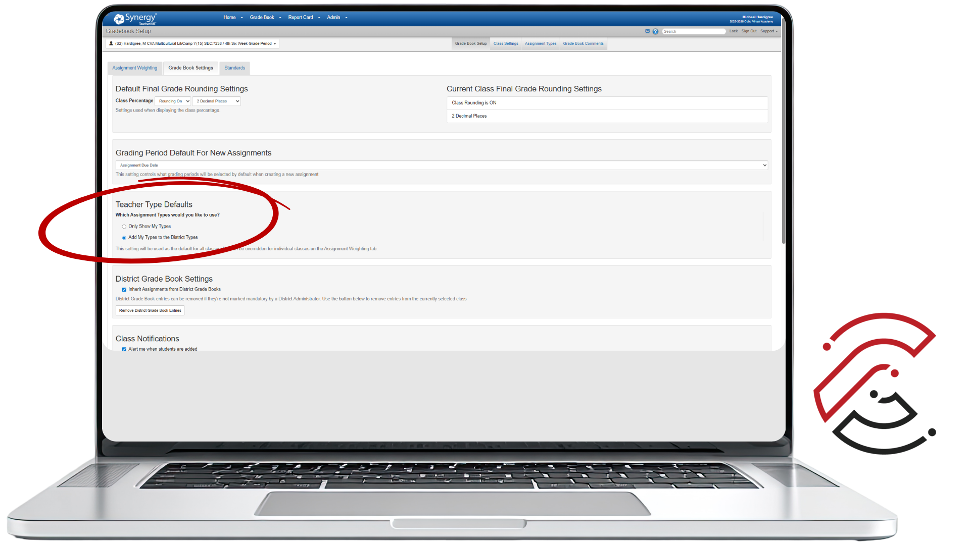 Synergy Gradebook Settings screen with a red circle highlighting the Teacher Type Defaults section and the Add My Types to the District Types option.