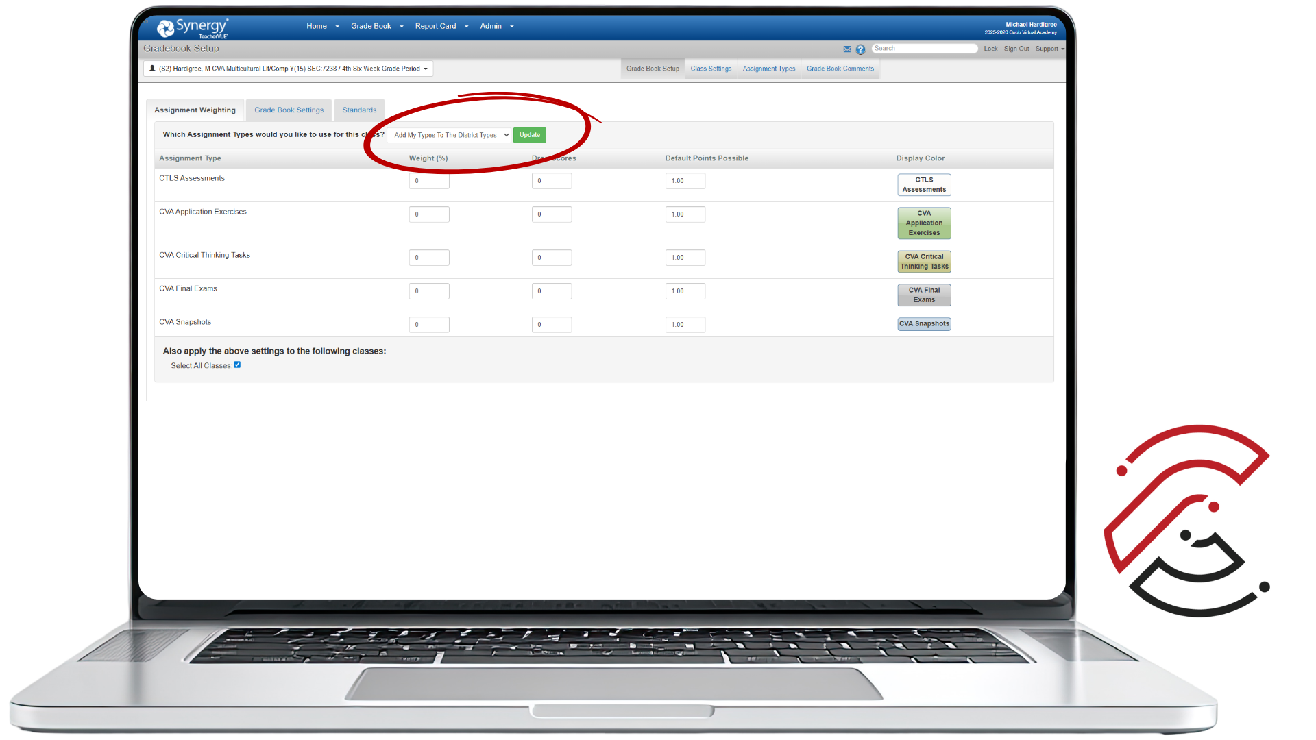 Synergy Assignment Weighting screen with a red circle highlighting the Update button used to save assignment weighting settings.