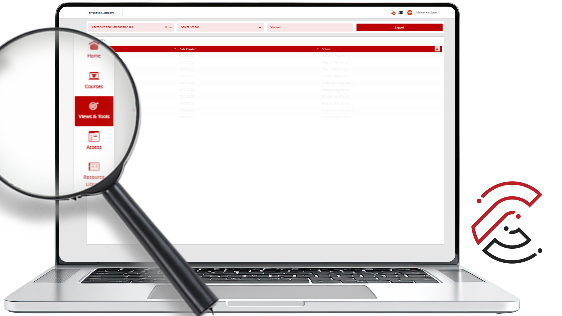CTLS screen showing the Views & Tools area, with a magnifying glass highlighting the Views & Tools button in the left navigation menu.